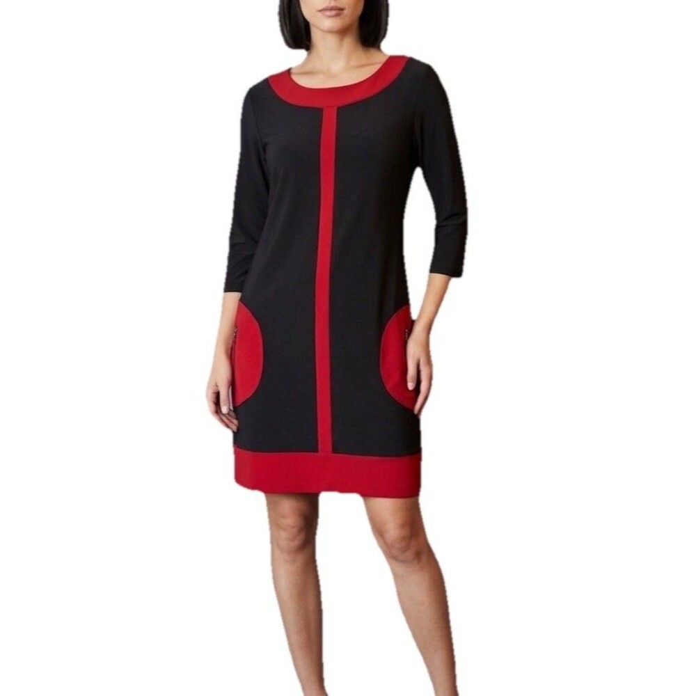 Joseph Ribkoff Dress 12 Black Red Colorblock Sheath Shift Pockets 3/4 Sleeve